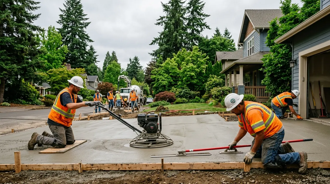 Concrete construction crew finishing a freshly poured residential driveway in Portland Oregon with Pacific Northwest trees in background