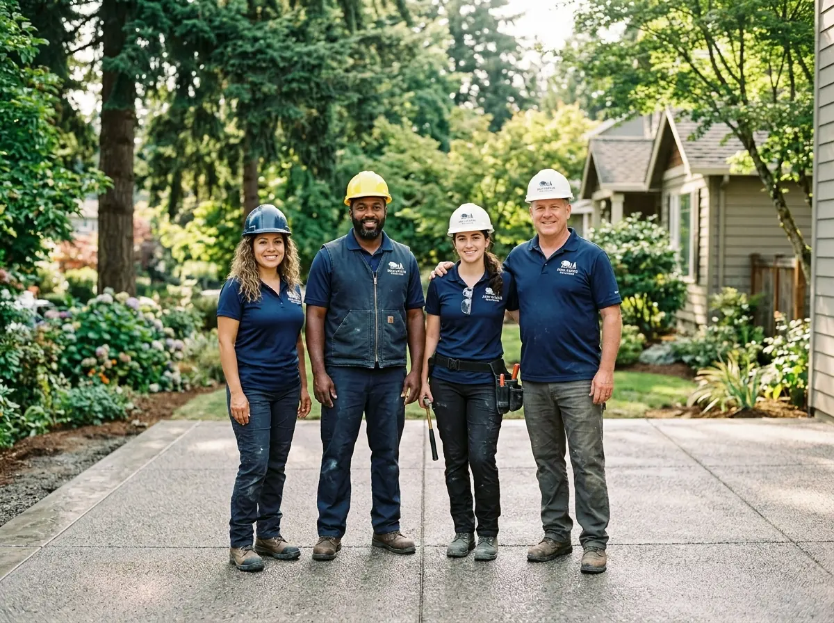 Our skilled concrete team members standing together at a completed concrete patio project in a Portland Oregon neighborhood