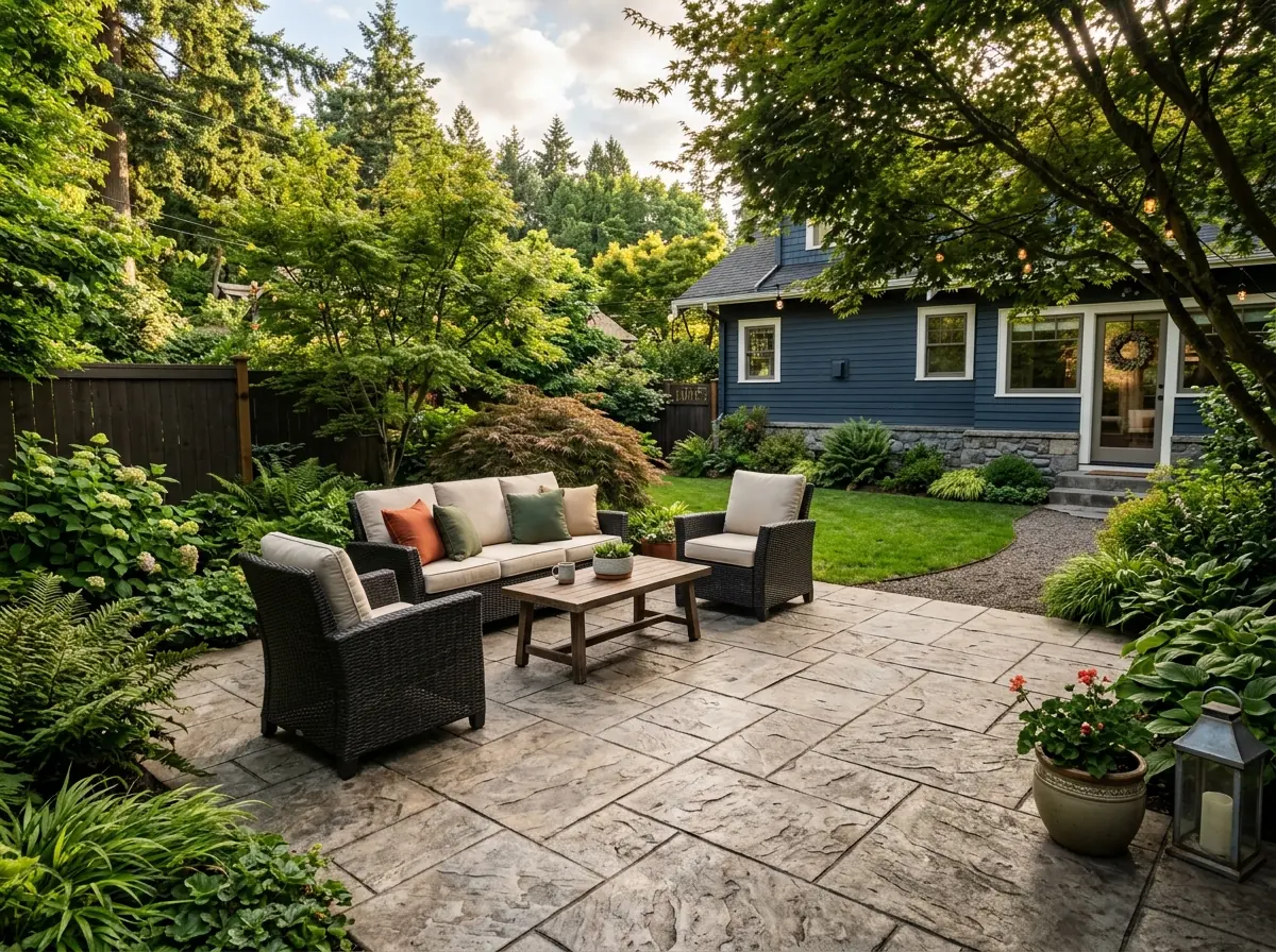 Finished stamped concrete patio with decorative pattern in a Portland Oregon backyard