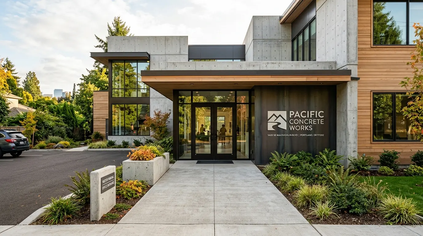 Professional concrete company office building with concrete walkway and Pacific Northwest landscaping in Portland Oregon