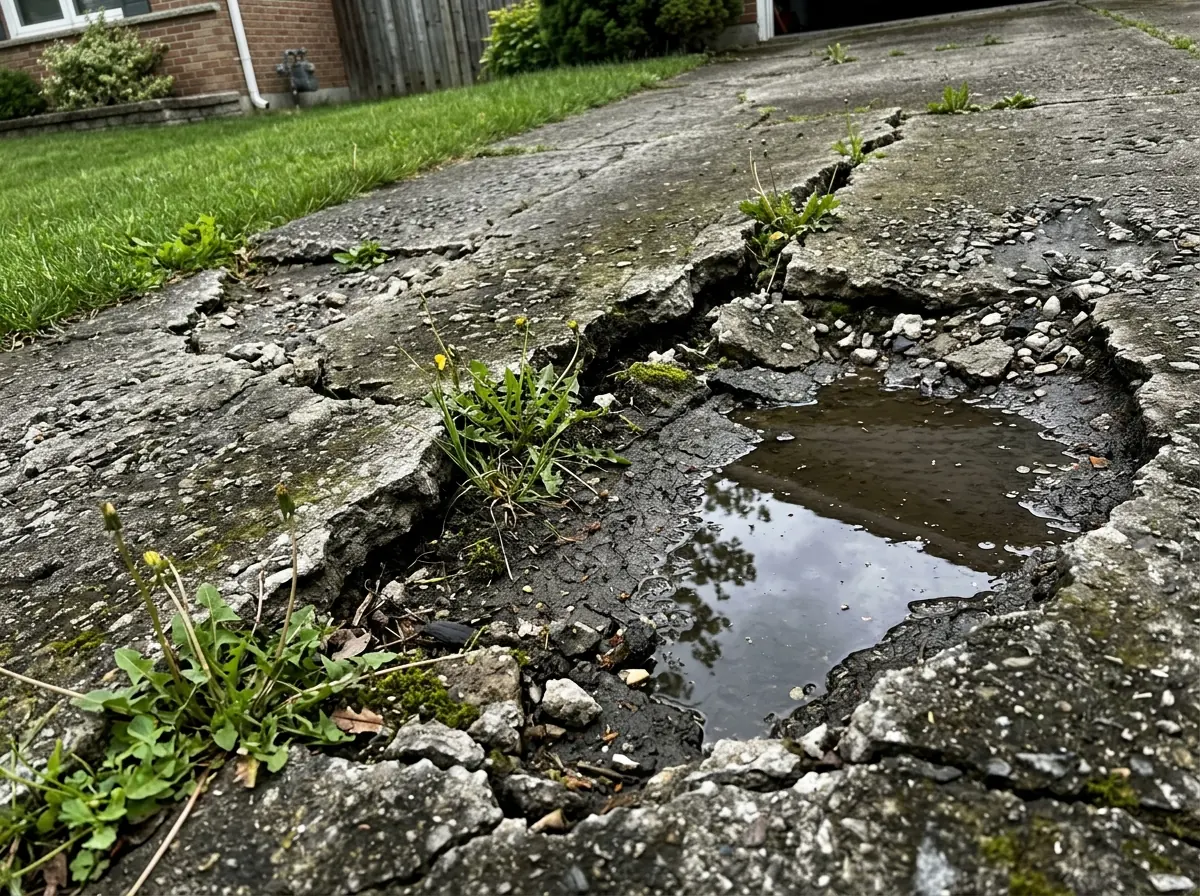 Deteriorated garage floor concrete with wide cracks and surface damage at a Portland Oregon residential property