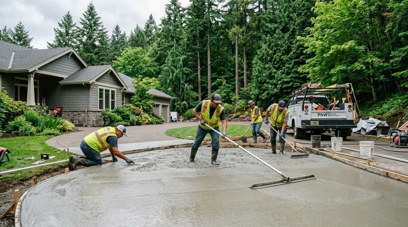 Professional concrete driveway installation by Portland Concrete Company crew finishing fresh concrete surface in Portland Oregon