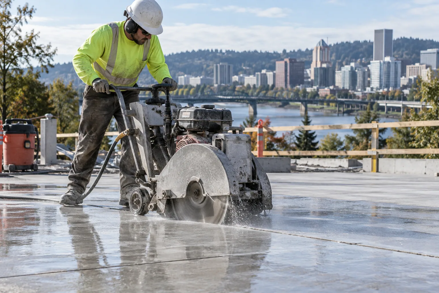 Precision wet saw cutting through a concrete slab in Portland, Oregon