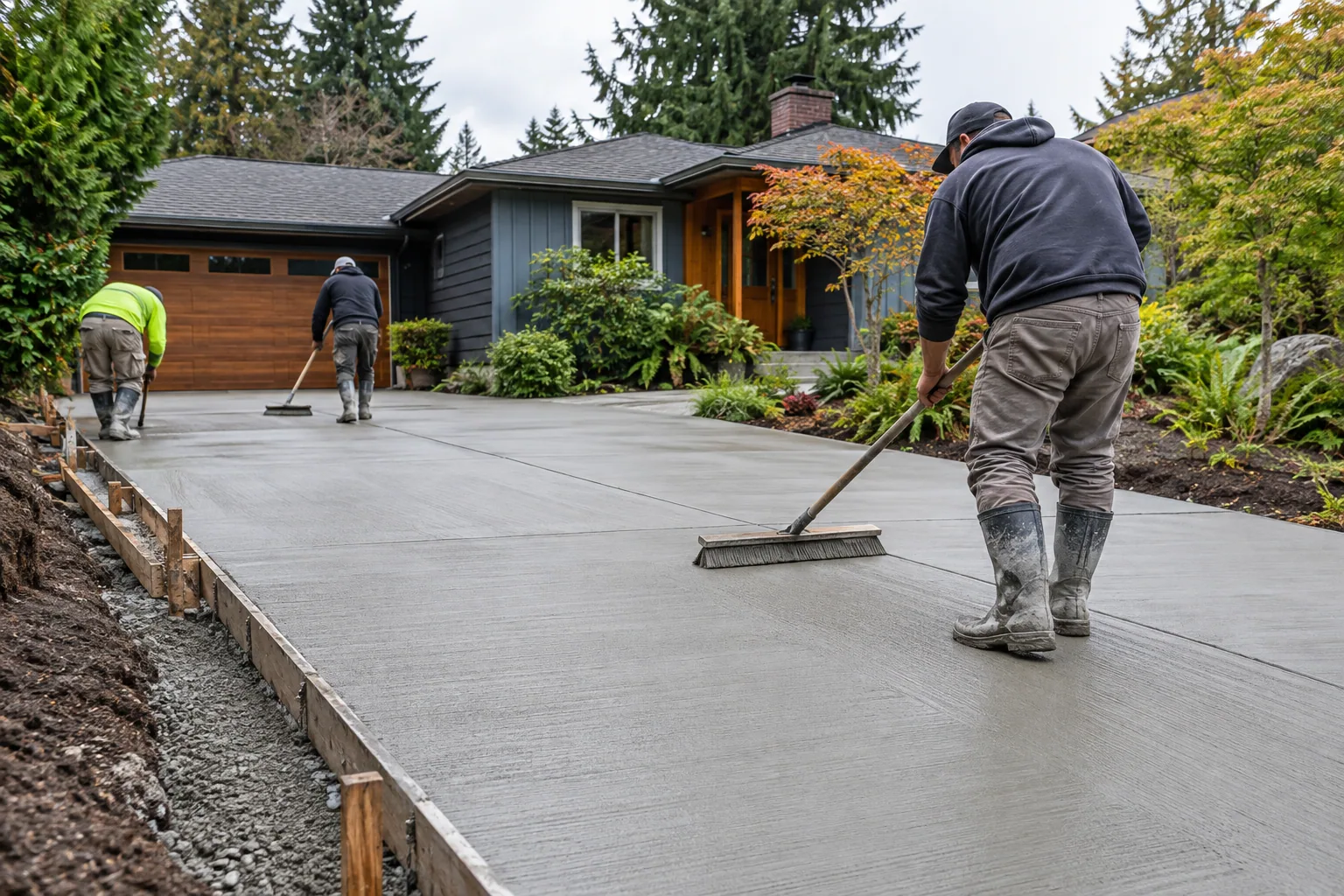 Professional crew finishing a new concrete driveway at a residential property in Portland, Oregon
