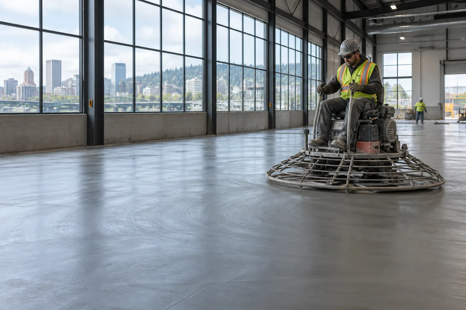 Commercial concrete floor finishing in a Portland, Oregon workshop