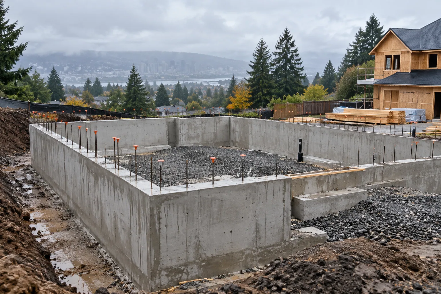 Concrete foundation construction with formwork at a Portland, Oregon building site