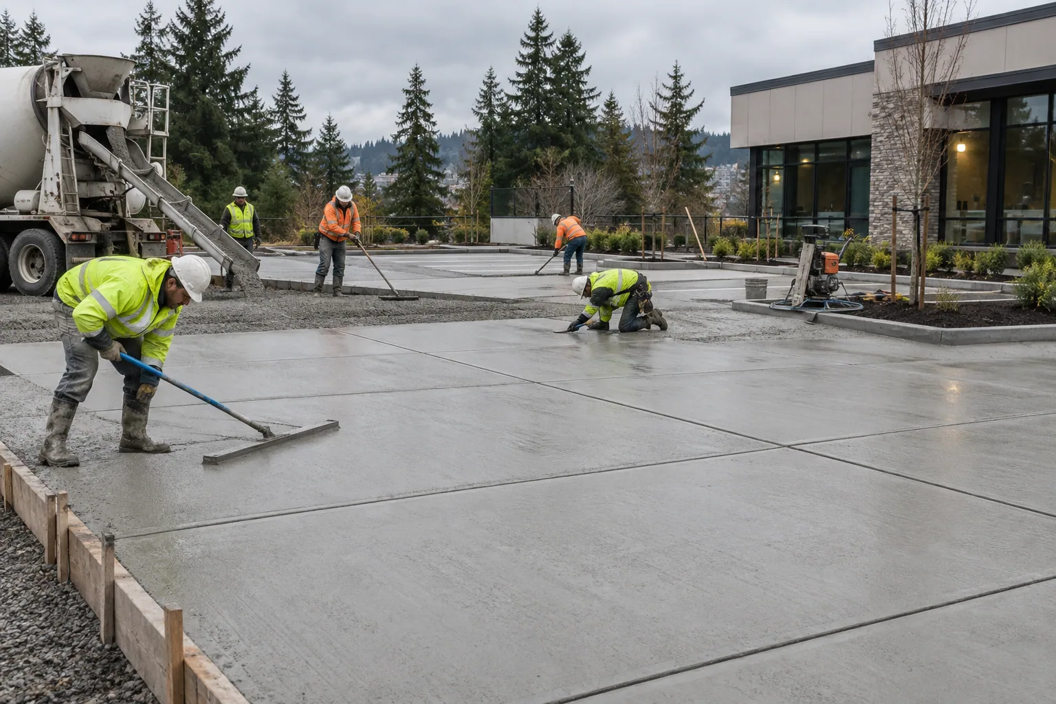 Concrete parking lot panel installation at a Portland, Oregon commercial property