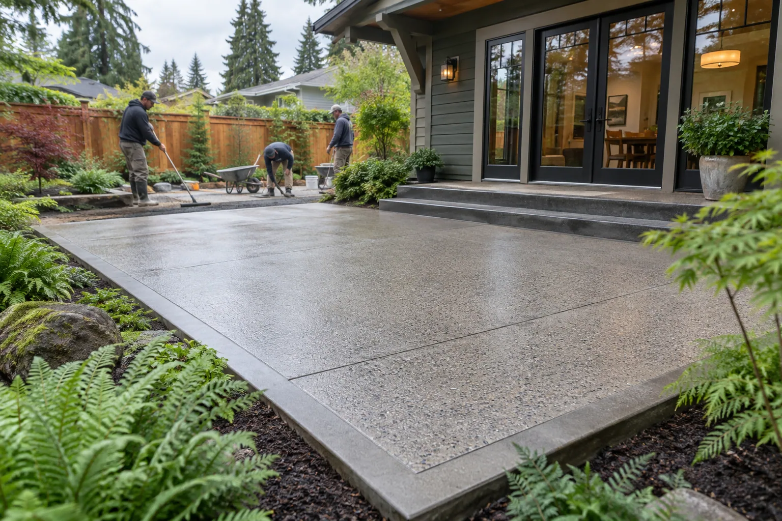 Finished concrete patio with Pacific Northwest landscaping at a Portland, Oregon home