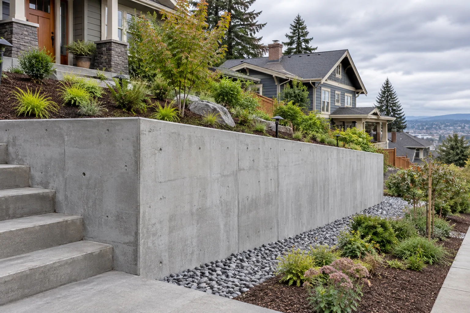 Cast concrete retaining wall on a sloped Portland, Oregon property