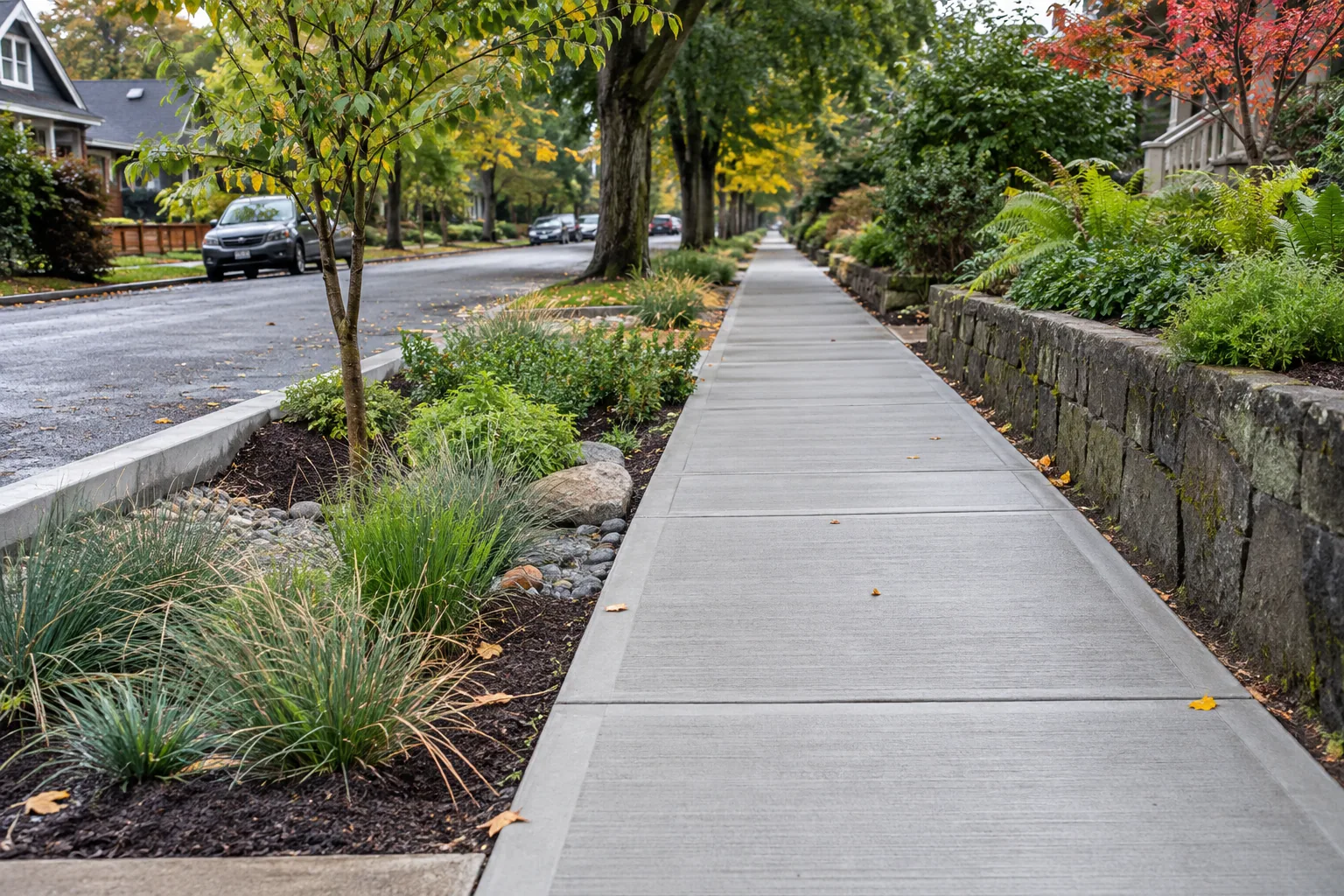 New broom-finish concrete sidewalk beside a Portland, Oregon residential street
