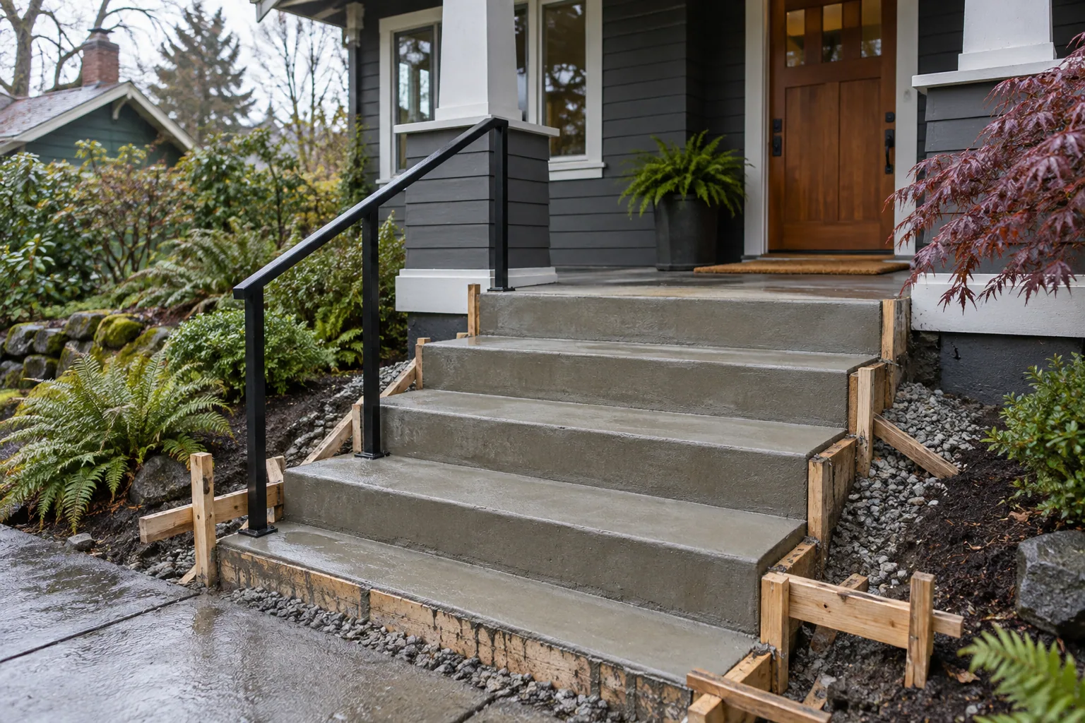 Reinforced concrete front entry steps at a Portland, Oregon home