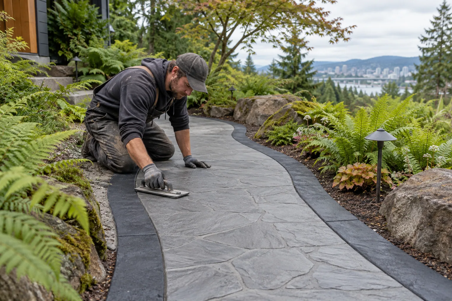 Decorative textured concrete path at a Portland, Oregon property