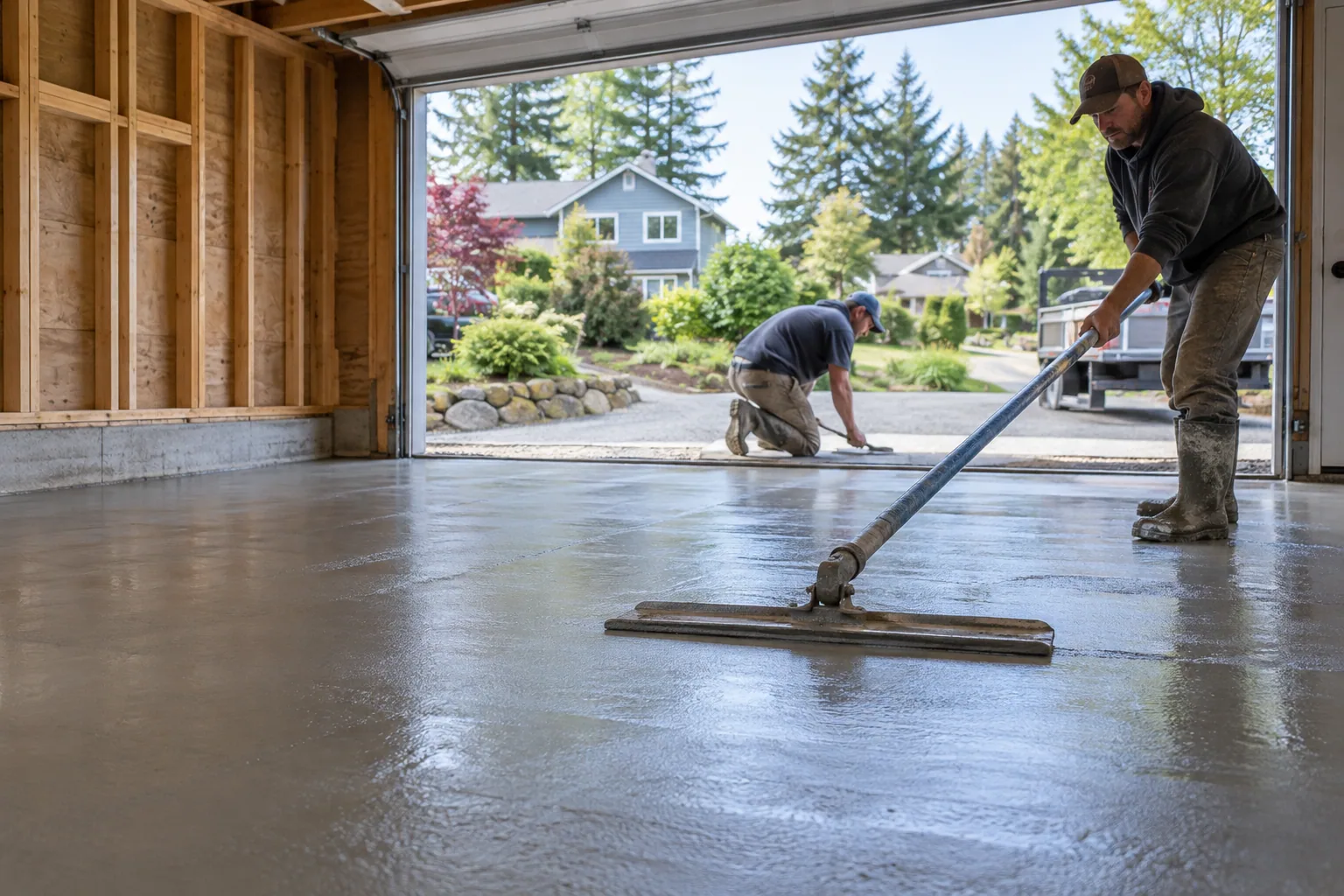 Fresh smooth concrete garage floor installation in Portland, Oregon