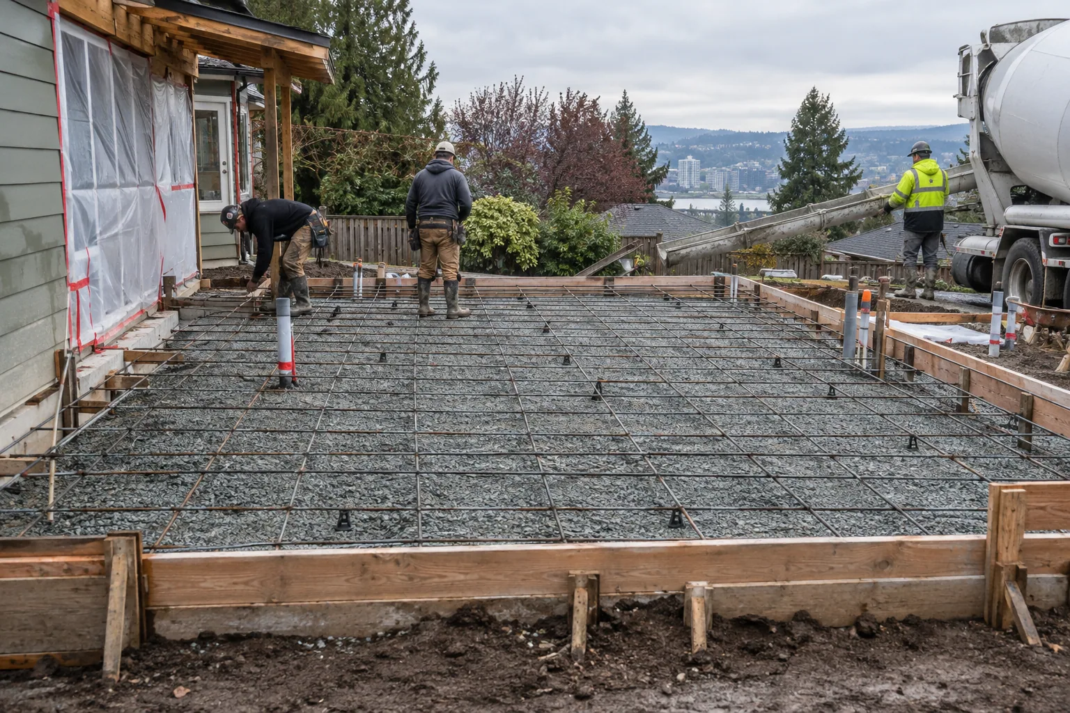 Prepared slab foundation with reinforcing steel in Portland, Oregon
