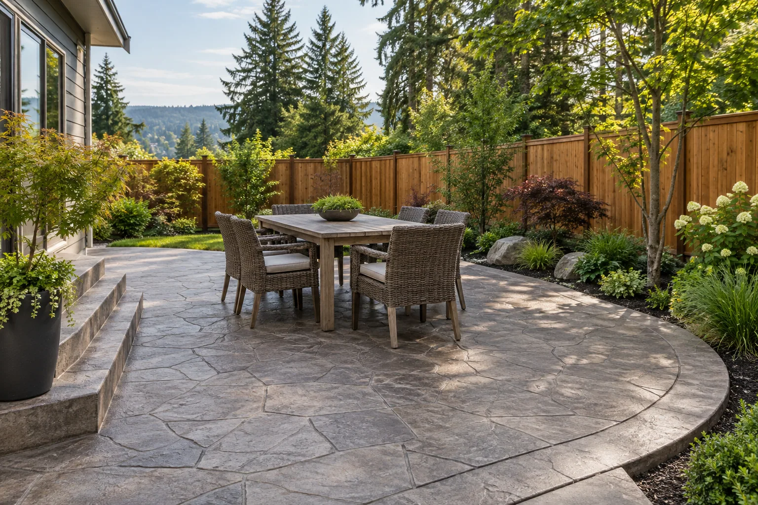 Stamped concrete patio with stone pattern at a Portland, Oregon home